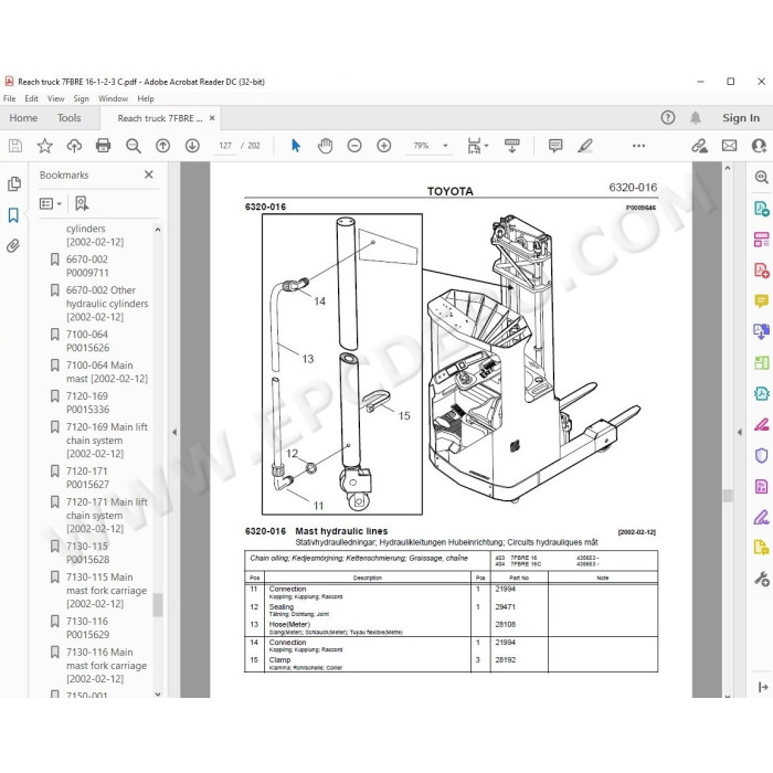 Toyota Reach Truck 7FBRE 12-14-16-20-25 spare parts manual