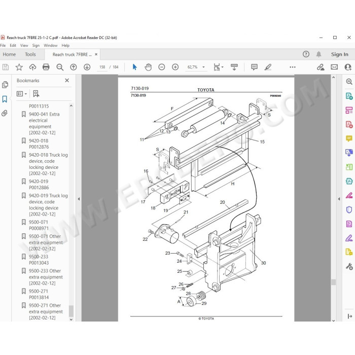 Toyota Reach Truck 7FBRE 12-14-16-20-25 spare parts manual