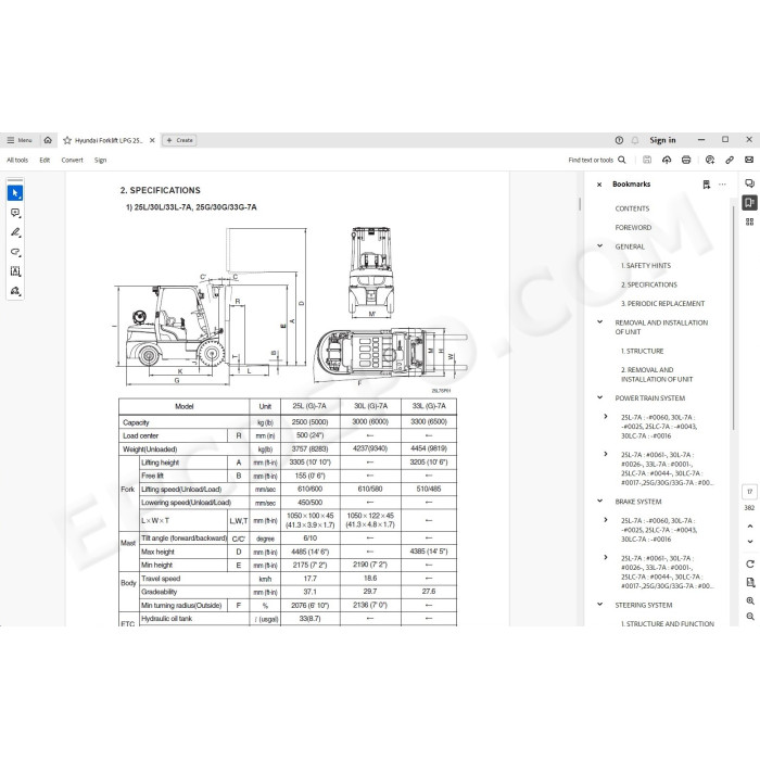 Hyundai Forklift 25L-7A 30L-7A 33L-7A 25G-7A 30G-7A 33G-7A 25LC-7A 30LC-7A service manual