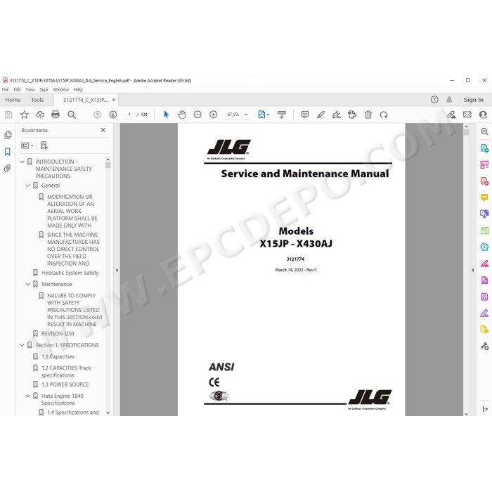 JLG Compact Crawler Boom X430AJ service manual