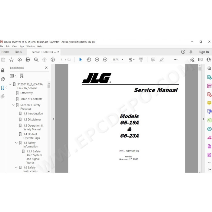 JLG Telehandler G5-19A service manual