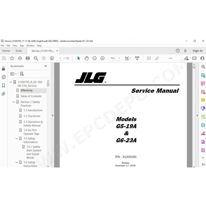 JLG Telehandler G6-23A service manual
