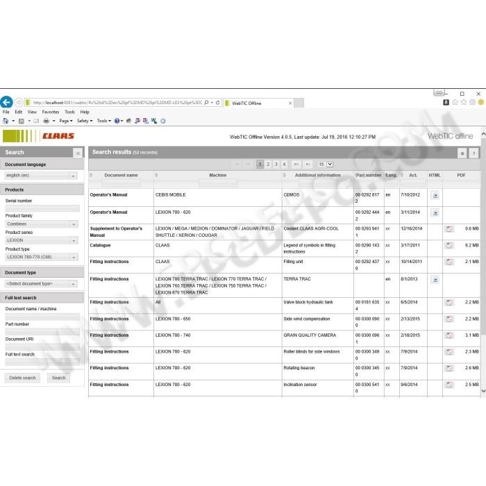 CLAAS WEBTIC OFFLINE 2015 SERVICE & REPAIR DOCUMENTATION CATALOG