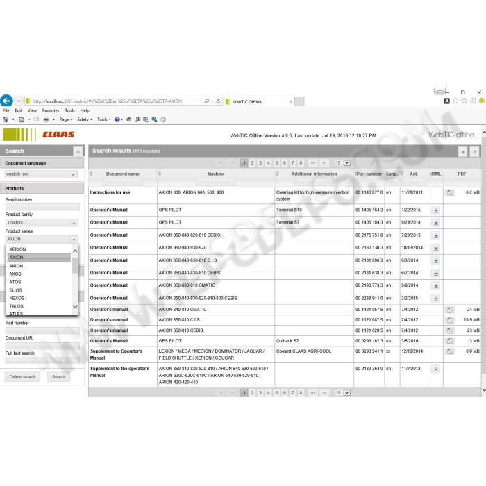 CLAAS WEBTIC OFFLINE 2015 SERVICE & REPAIR DOCUMENTATION CATALOG