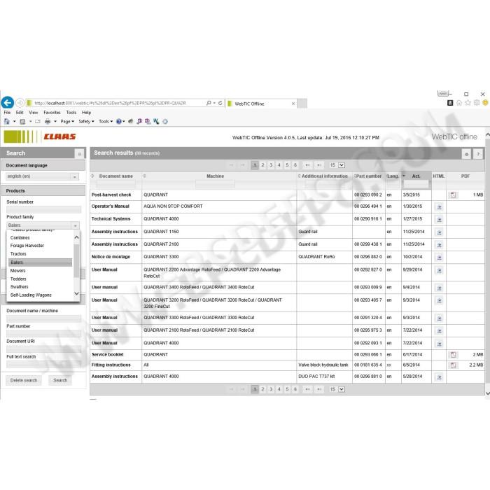 CLAAS WEBTIC OFFLINE 2015 SERVICE & REPAIR DOCUMENTATION CATALOG