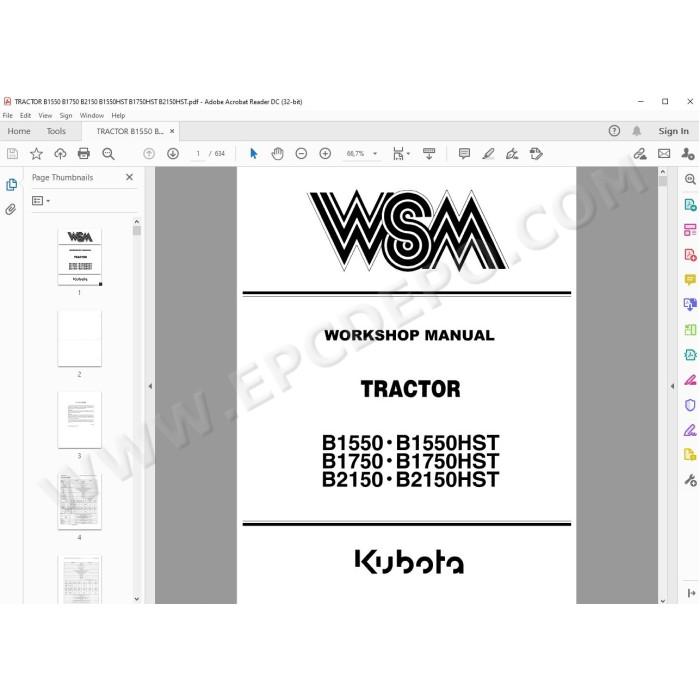 Kubota Tractor B1550 B1750 B2150 B1550HST B1750HST B2150HST workshop service manual
