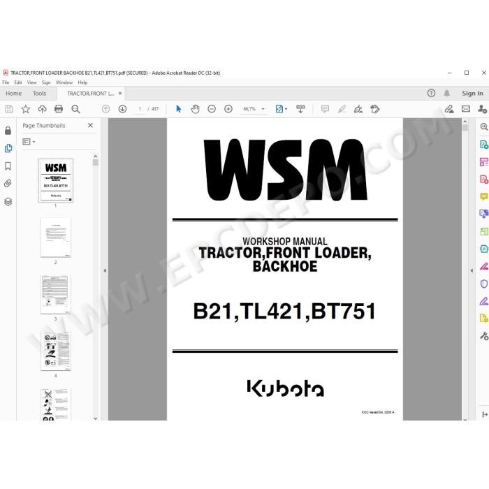Kubota Tractor B21 Loader TL421 Backhoe BT751 workshop service manual