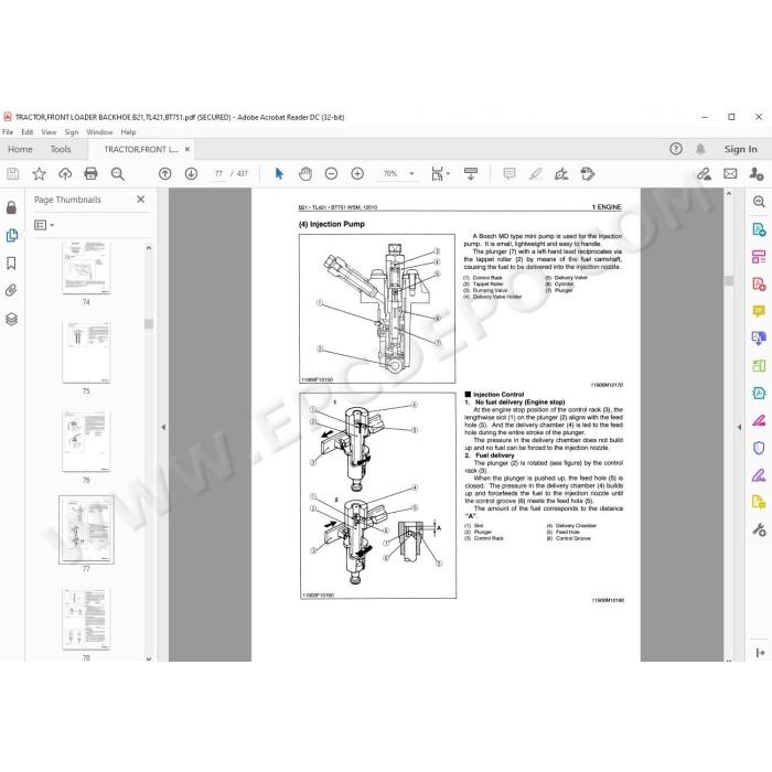 Kubota Tractor B21 Loader TL421 Backhoe BT751 workshop service manual