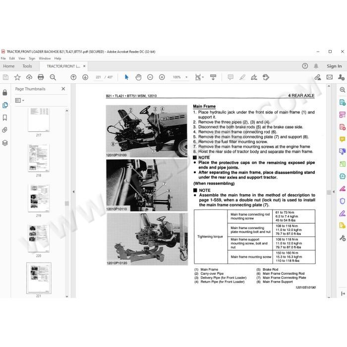 Kubota Tractor B21 Loader TL421 Backhoe BT751 workshop service manual