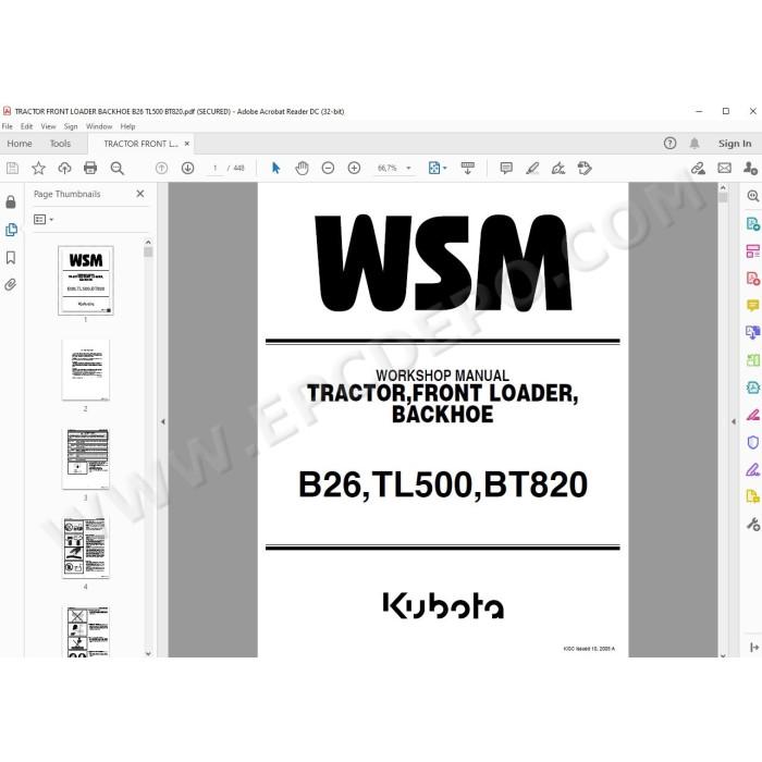 Kubota Tractor B26 Loader TL500 Backhoe BT820 workshop service manual