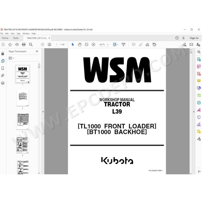 Kubota Tractor L39, Loader TL1000, Backhoe BT1000 service manual