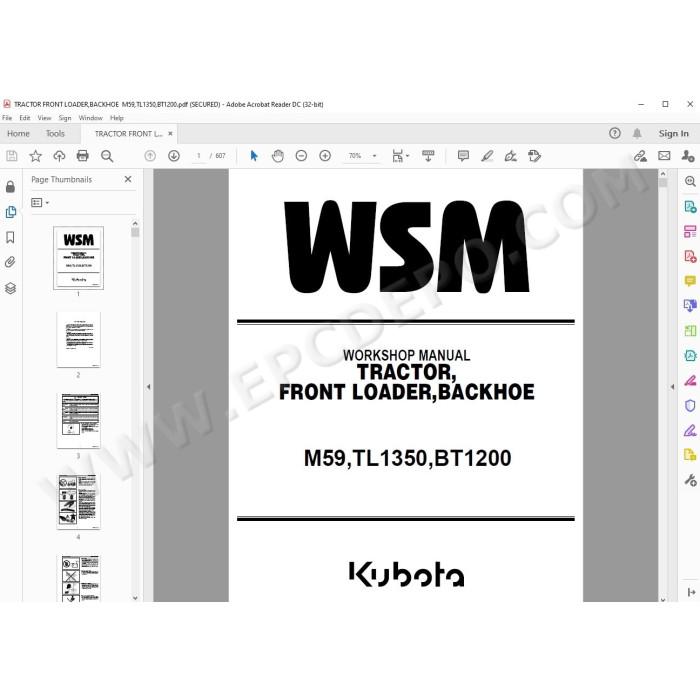 Kubota Tractor M59, Loader TL1350, Backhoe BT1200 service manual