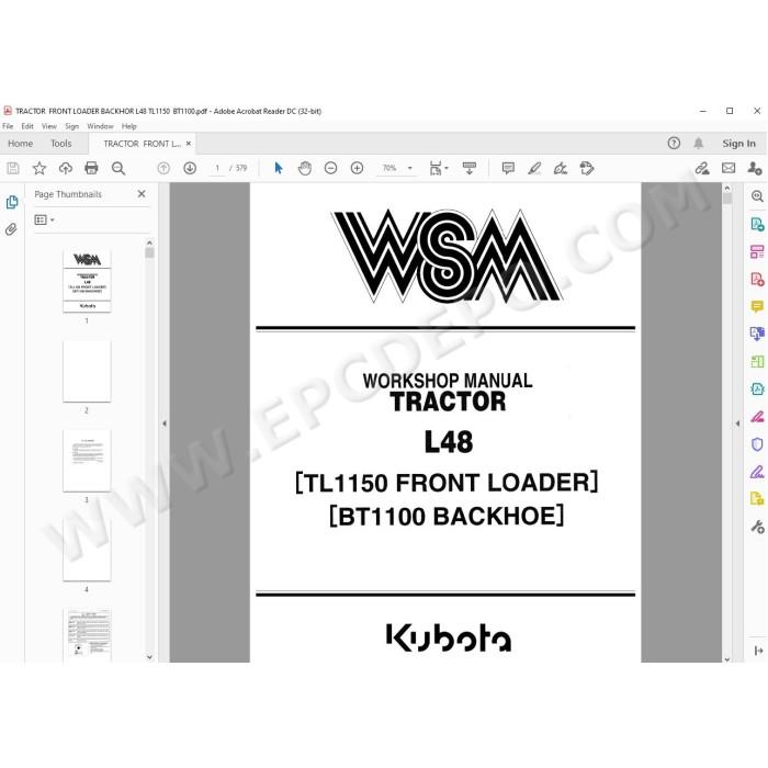 Kubota Tractor L48 Loader TL1150 Backhoe BT1100 workshop service manual
