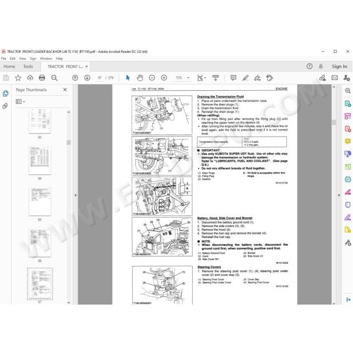 Kubota Tractor L48 Loader TL1150 Backhoe BT1100 workshop service manual
