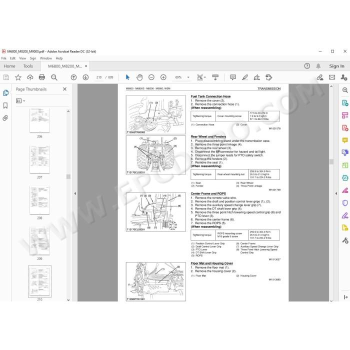 Kubota Tractor M6800 M6800S M8200 M9000 service manual