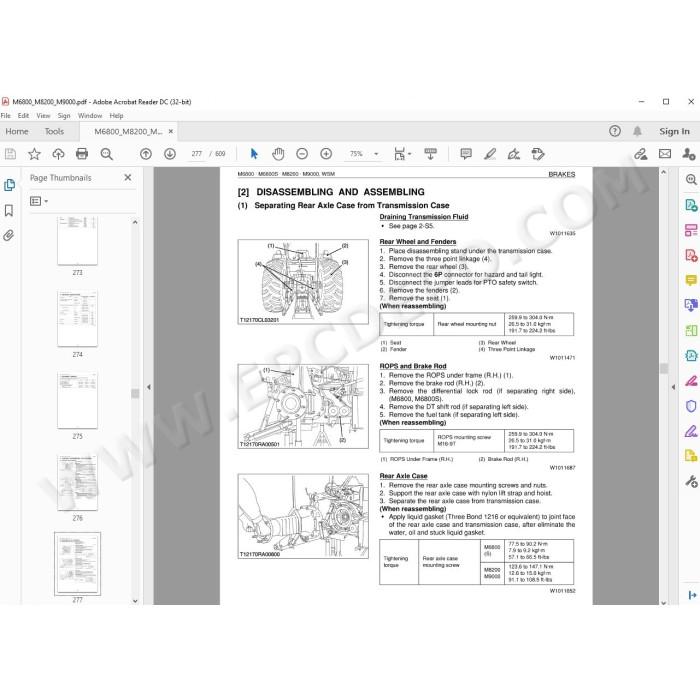 Kubota Tractor M6800 M6800S M8200 M9000 service manual