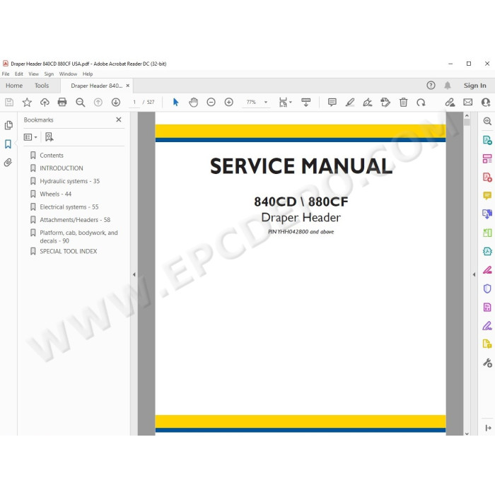 New Holland Draper Header 840CD 880CF service manual