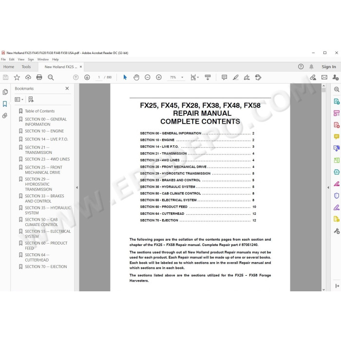 New Holland Forage Harvester FX25 FX45 FX28 FX38 FX48 FX58 service manual