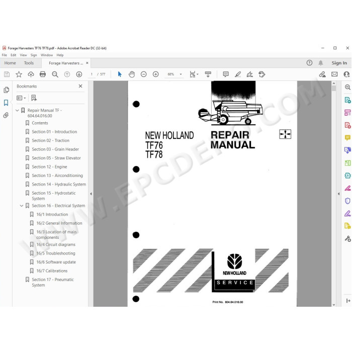 New Holland Harvester TF76 TF78 service manual
