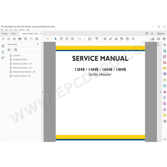 New Holland Sickle Header 12HS 14HS 16HS 18HS service manual