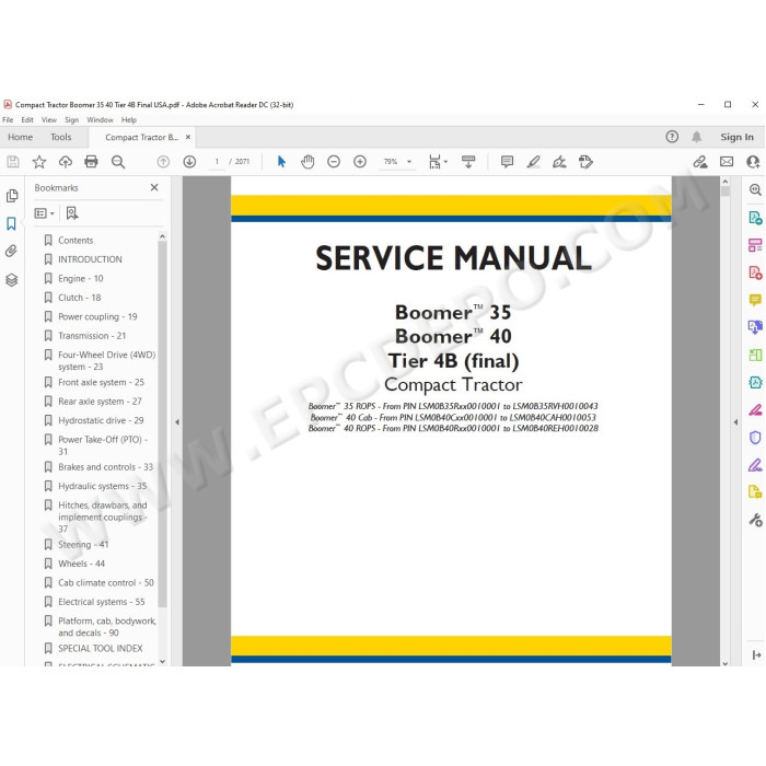 New Holland Tractor Boomer 35 40 Tier 4B service manual