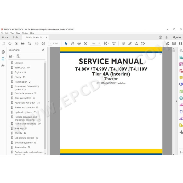 New Holland Tractor T4.80V T4.90V T4.100V T4.110V Tier 4A service manual
