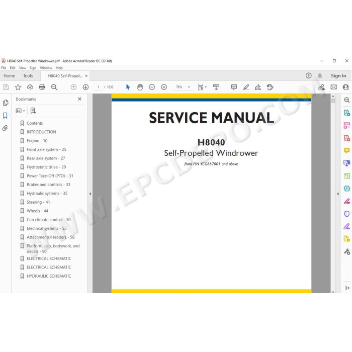 New Holland Self-Propelled Windrower H8040 service manual