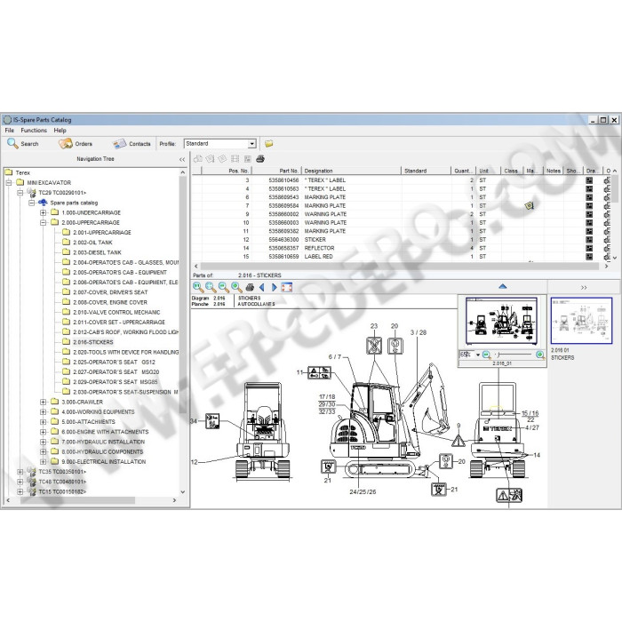 Terex Excavator TC15, TC16, TC20, TC25, TC29, TC35, TC37, TC48, TC50, TC60, TC75, TC125 EPC spare parts catalog