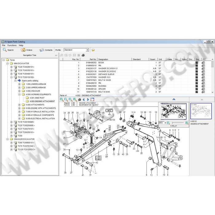 Terex Excavator TC15, TC16, TC20, TC25, TC29, TC35, TC37, TC48, TC50, TC60, TC75, TC125 EPC spare parts catalog