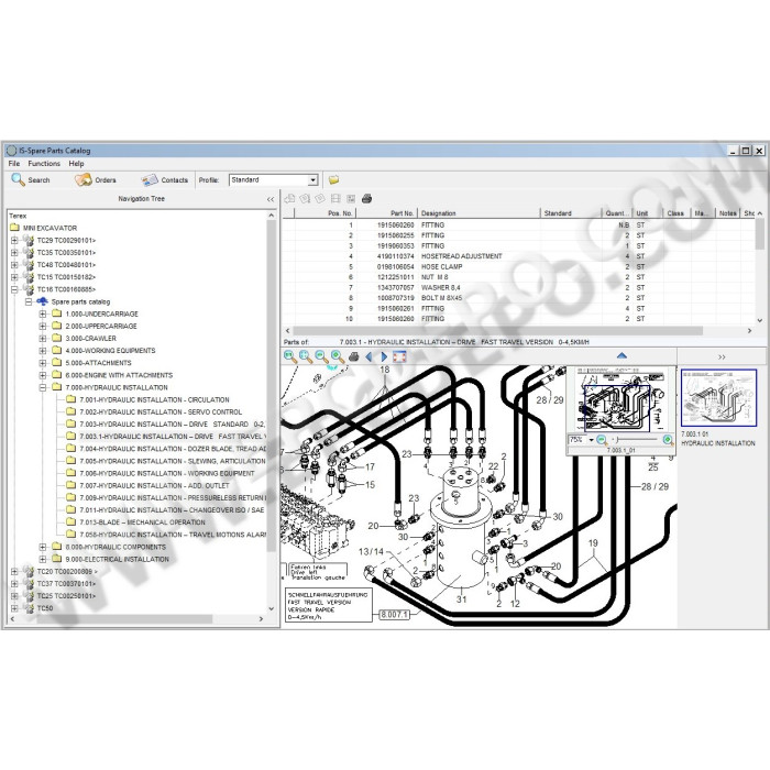Terex Excavator TC15, TC16, TC20, TC25, TC29, TC35, TC37, TC48, TC50, TC60, TC75, TC125 EPC spare parts catalog
