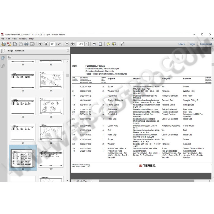 Terex Hydraulic Loading Machine MHL320 spare parts catalog