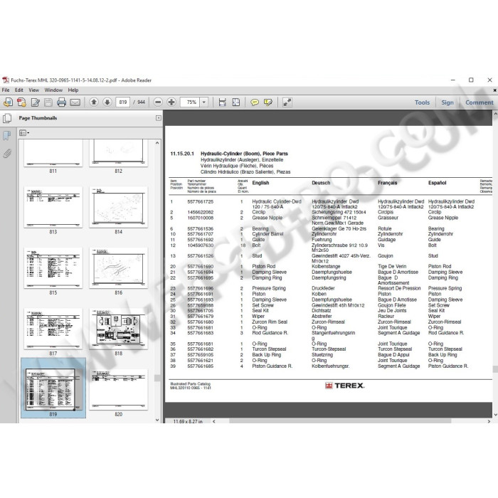 Terex Hydraulic Loading Machine MHL320 spare parts catalog