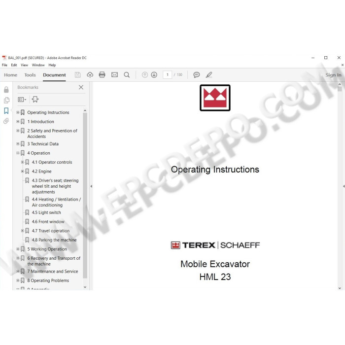 Terex Excavator HML22 HML23 HML31 HML32 HML42 parts catalog
