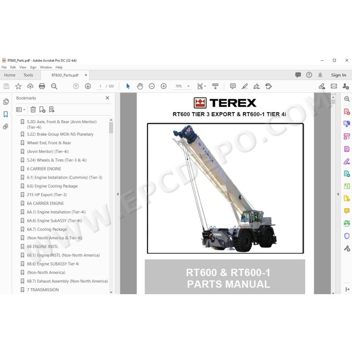 Terex Rough Terrain Crane RT600 RT600-1 spare parts manual