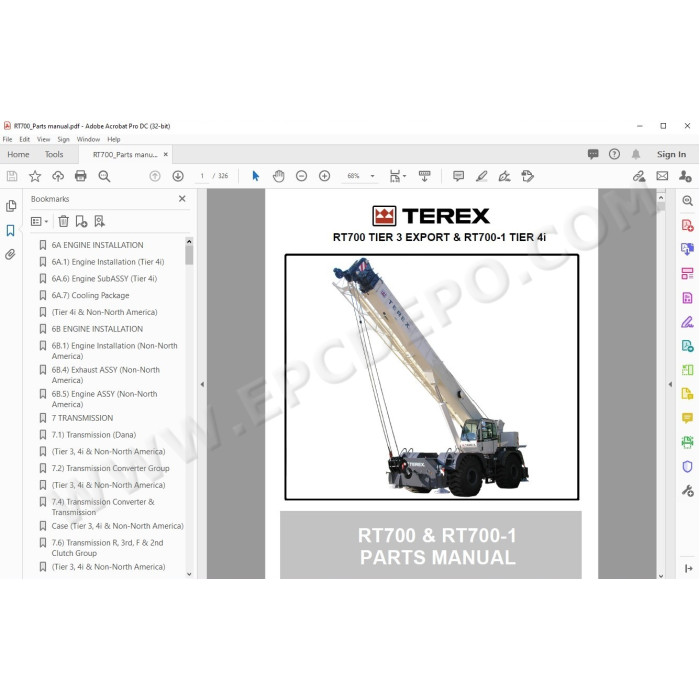 Terex Rough Terrain Crane RT700 RT700-1 spare parts manual