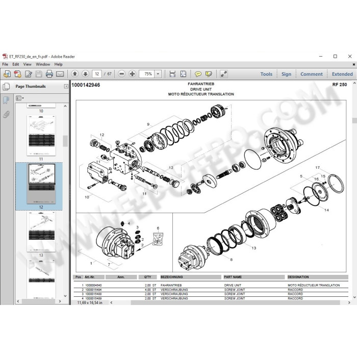 Wacker Neuson Paver UNITRAC RF250 EPC parts catalog