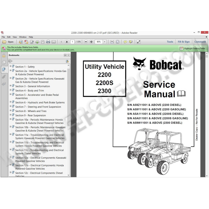 BOBCAT UTILITY VEHICLES SERVICE & REPAIR MANUALS
