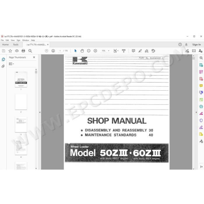 Kawasaki Wheel Loader 50Z3 60Z3 parts + service manual