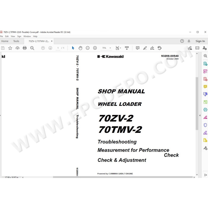 Kawasaki Wheel Loader 70Z5-2 70TM5-2 parts + service manual