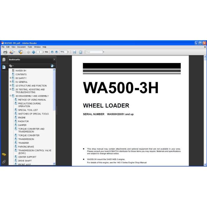 KOMATSU WHEEL LOADER WA500-1 WA500-3 WA500-6 WA500-7 SERVICE MANUAL
