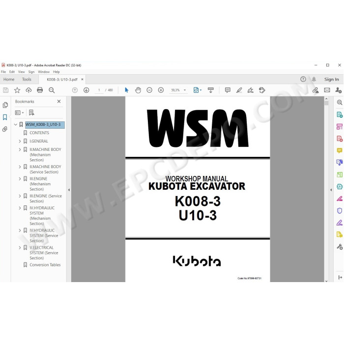 Kubota Excavator K008-3 U10-3 workshop service manual