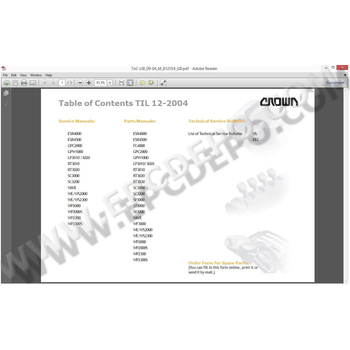 CROWN FORKLIFT SPARE PARTS + SERVICE MANUALS