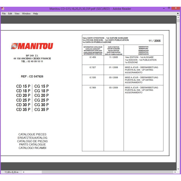 Manitou forklift CD15P CD18P CD20P CD25P CD30P CD35P CG15P CG18P CG20P CG25P CG30P CG35P parts manual
