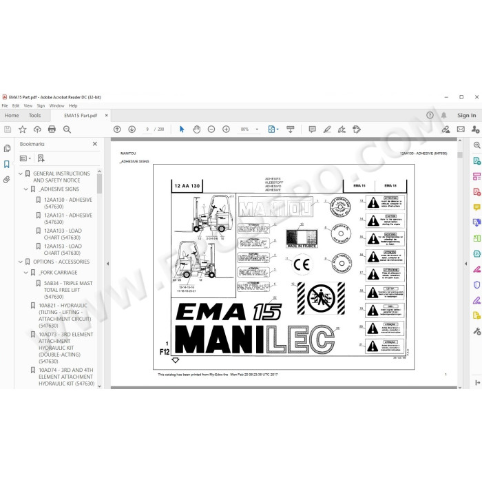 Manitou Forklift EMA 15, EMA 18 parts manual