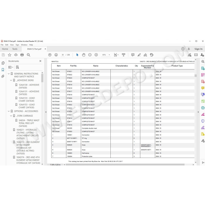 Manitou Forklift EMA 15, EMA 18 parts manual