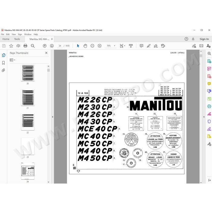 Manitou Forklift M2 M4 MCE MC 26 30 40 50 CP parts manual