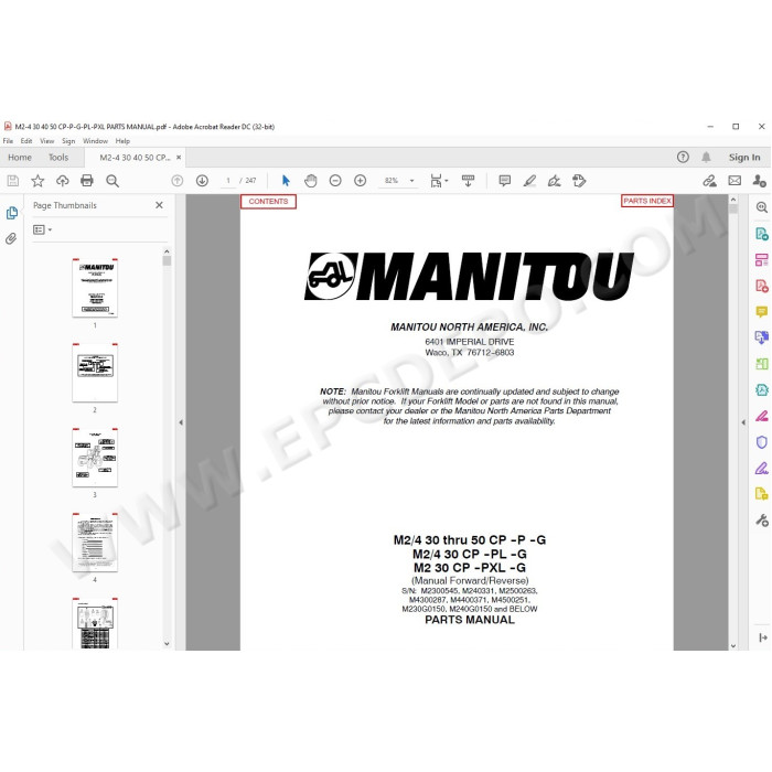 Manitou Forklift M2/4 30 40 50 CP P-G / PL-G / PXL-G parts manual