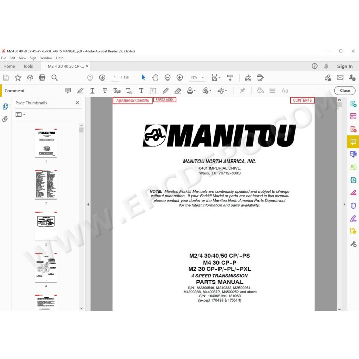 Manitou Forklift M2/4 30 40 50 CP PS / P / PL / PXL parts manual