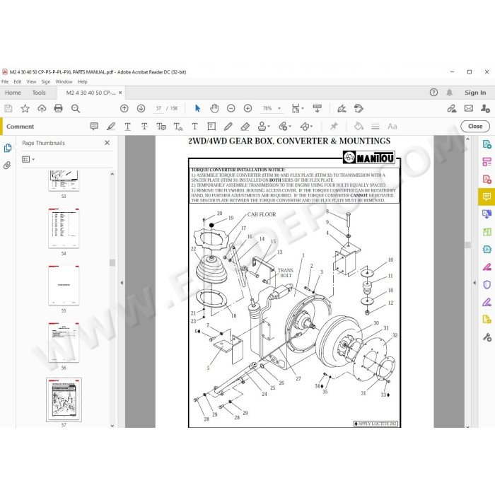 Manitou Forklift M2/4 30 40 50 CP PS / P / PL / PXL parts manual