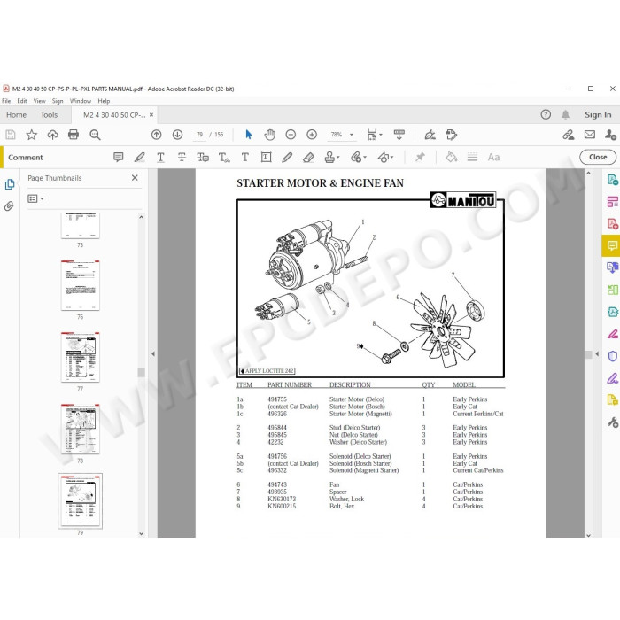 Manitou Forklift M2/4 30 40 50 CP PS / P / PL / PXL parts manual